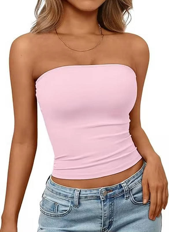 Stylish seamless stretch bandeau crop top, perfect summer essential for women.