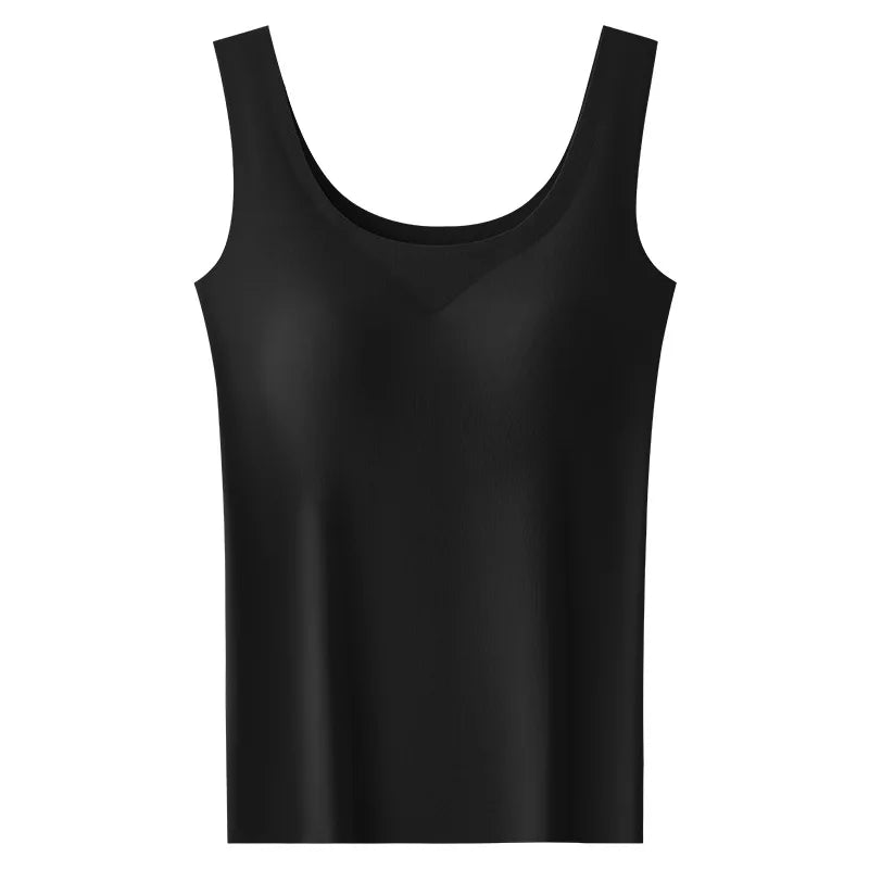 Comfortable women's seamless camisole tank with built-in bra. Smooth, essential layering piece for summer.