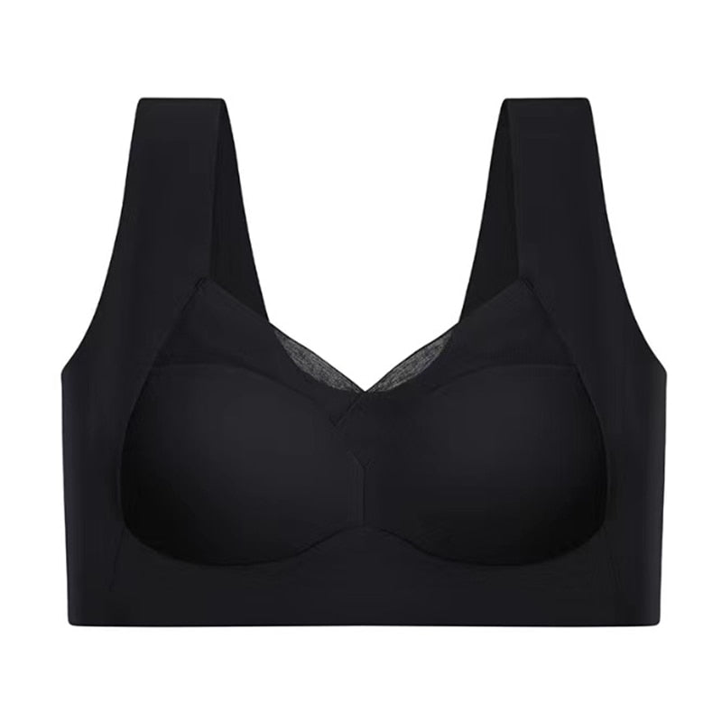 Side view of a women's soft wireless shaper bra, emphasizing its seamless design.