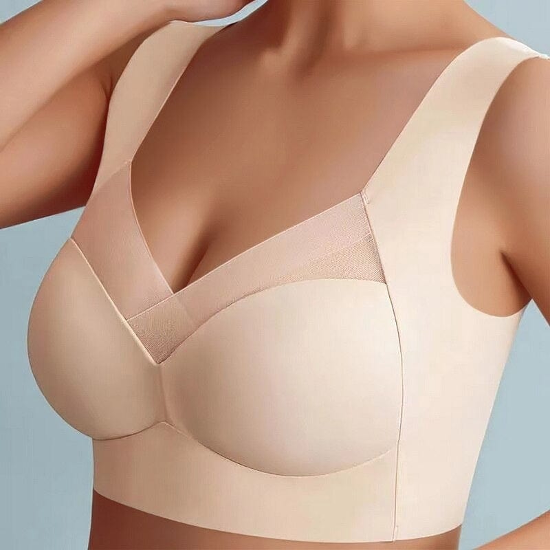 Close-up of the seamless fabric of a women's comfortable wireless bra, highlighting its texture.