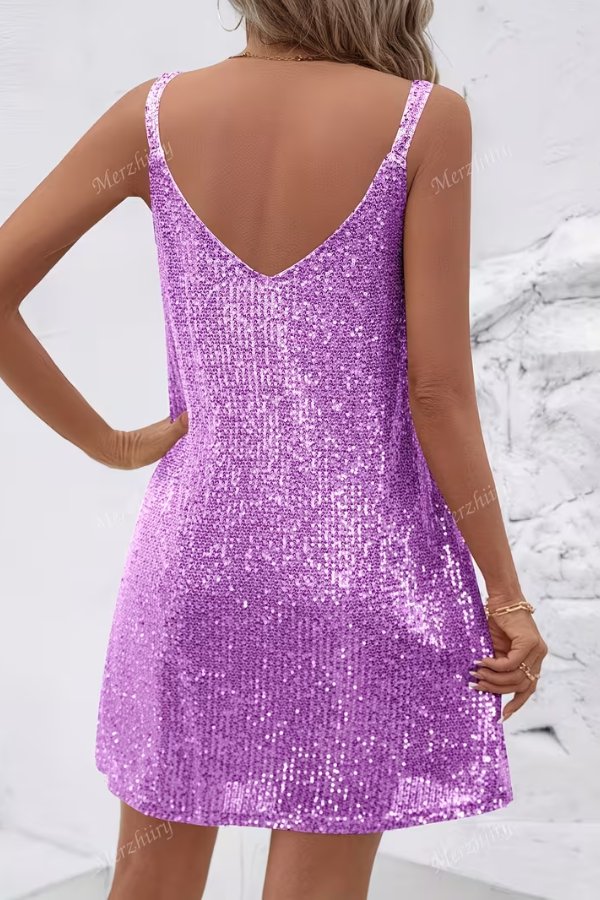 Chic women's sequin V-neck swing mini dress with a flattering cut, great for cocktail parties.