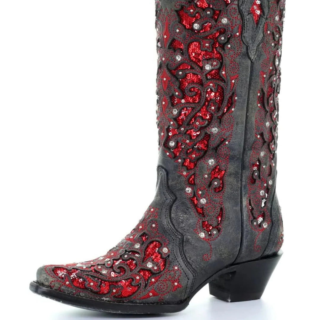 Women's sequined knee-high boots with pointed toe & comfortable block heel for glamorous party wear.
