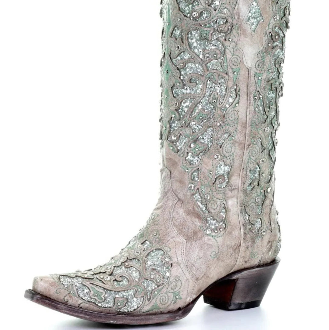 Retro style women's sequined boots, knee-high with a sharp pointed toe & fashion-forward block heel.
