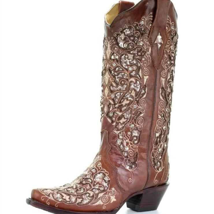 Fashionable women's sequined footwear, featuring a bold pointed toe and a comfortable block heel.