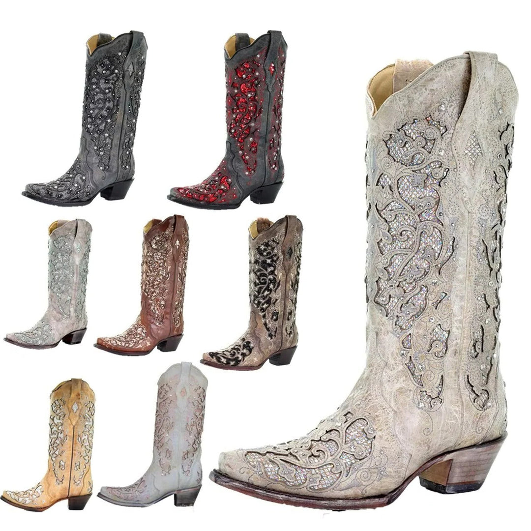 Shimmering sequined women's boots, ideal for parties, with a chic pointed toe & sturdy block heel.