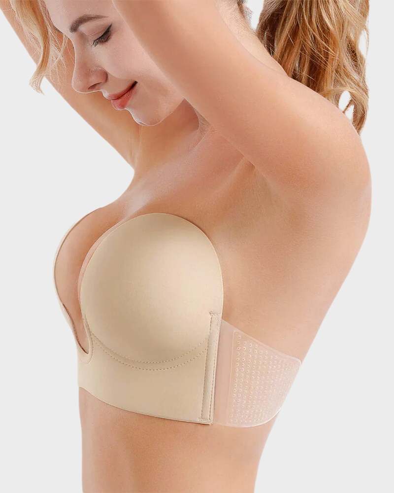 Comfortable women's push-up bra featuring a deep plunge and smooth seamless fabric for an invisible, enhancing fit.