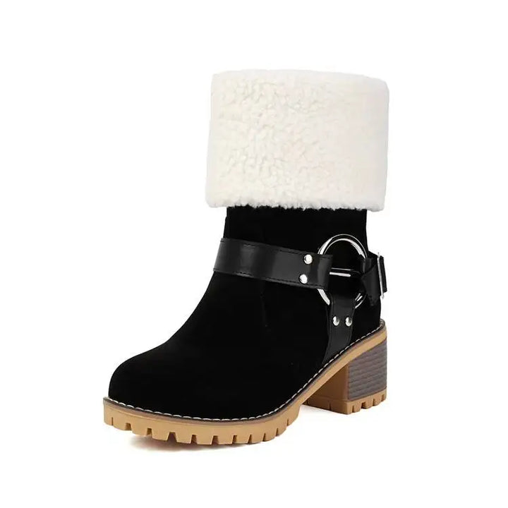 Stylish women's block heel ankle boots with cozy sherpa lining and ring detail