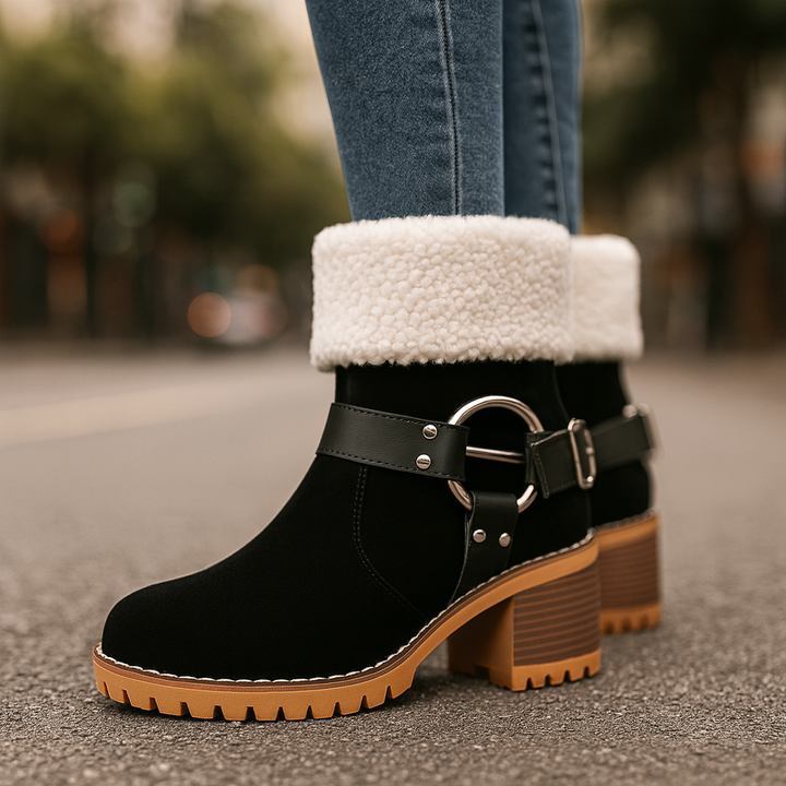Close-up of sherpa lining in women's ankle boots, highlighting comfort and warmth