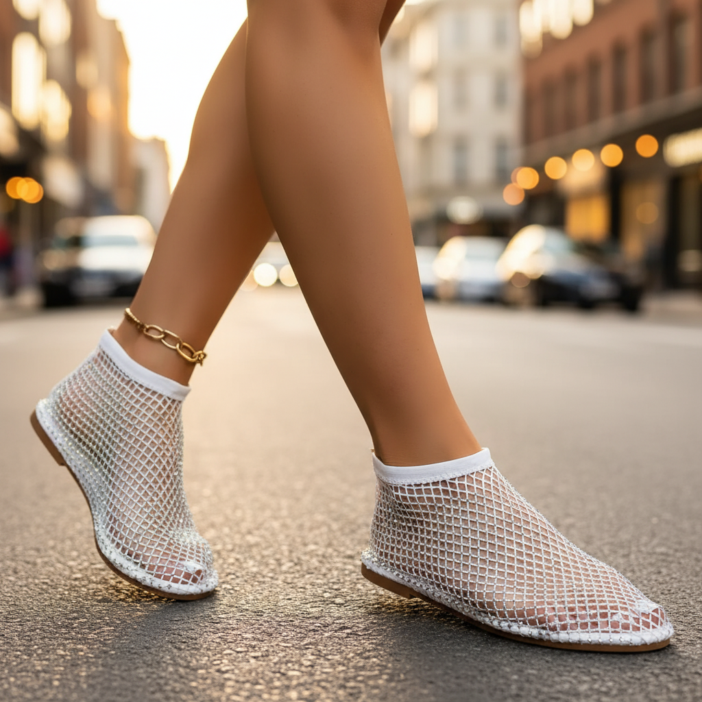 Women's sparkling flats with rhinestone embellishments & instep strap, offering a chic, comfortable slip-on fit.