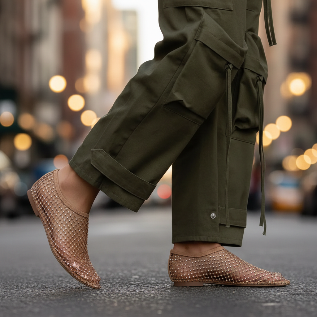 Detail shot: Comfortable women's flat shoes with a delicate instep strap & shimmering rhinestone details.