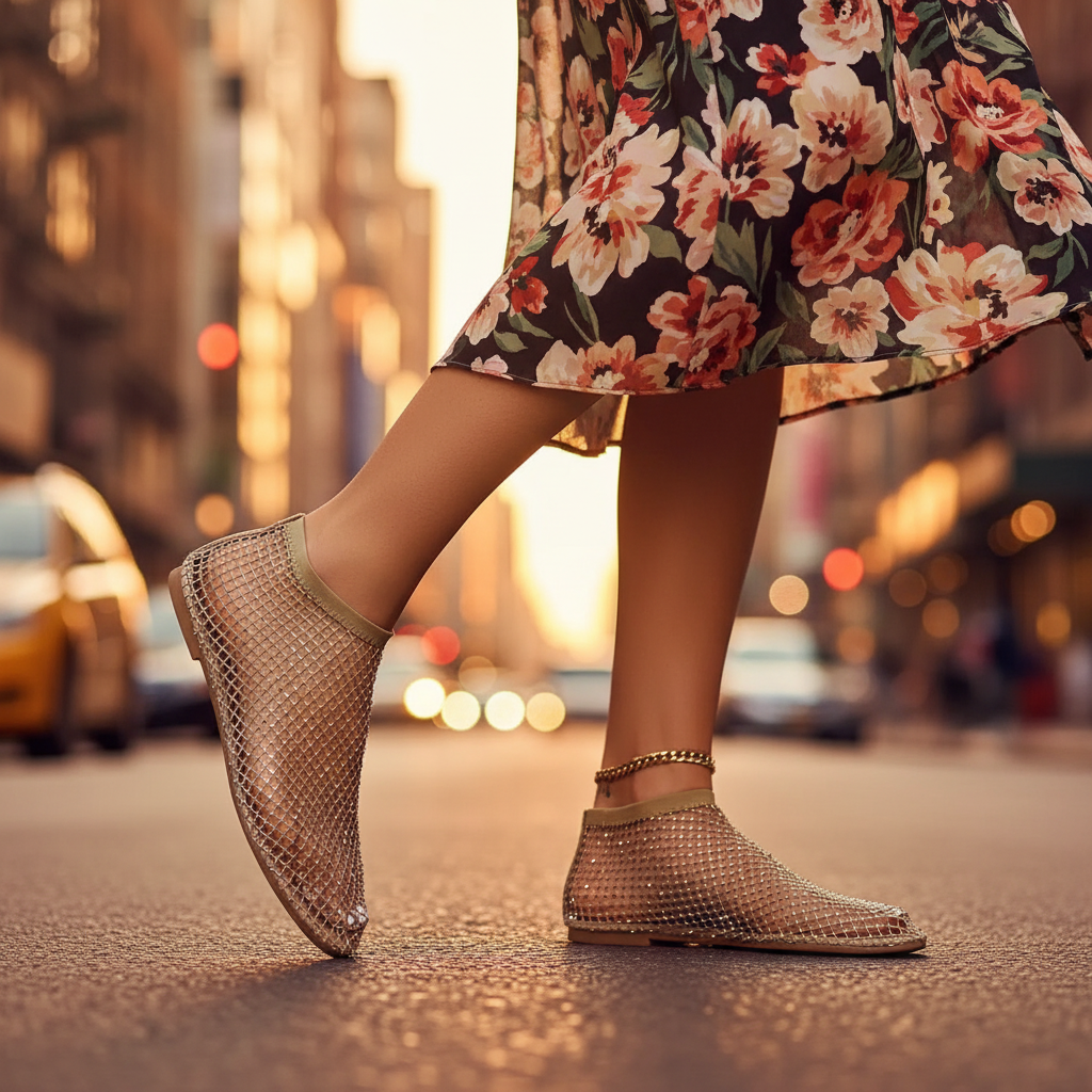 Model wearing chic women's flat shoes with sparkling rhinestones & instep strap, perfect for a casual look.