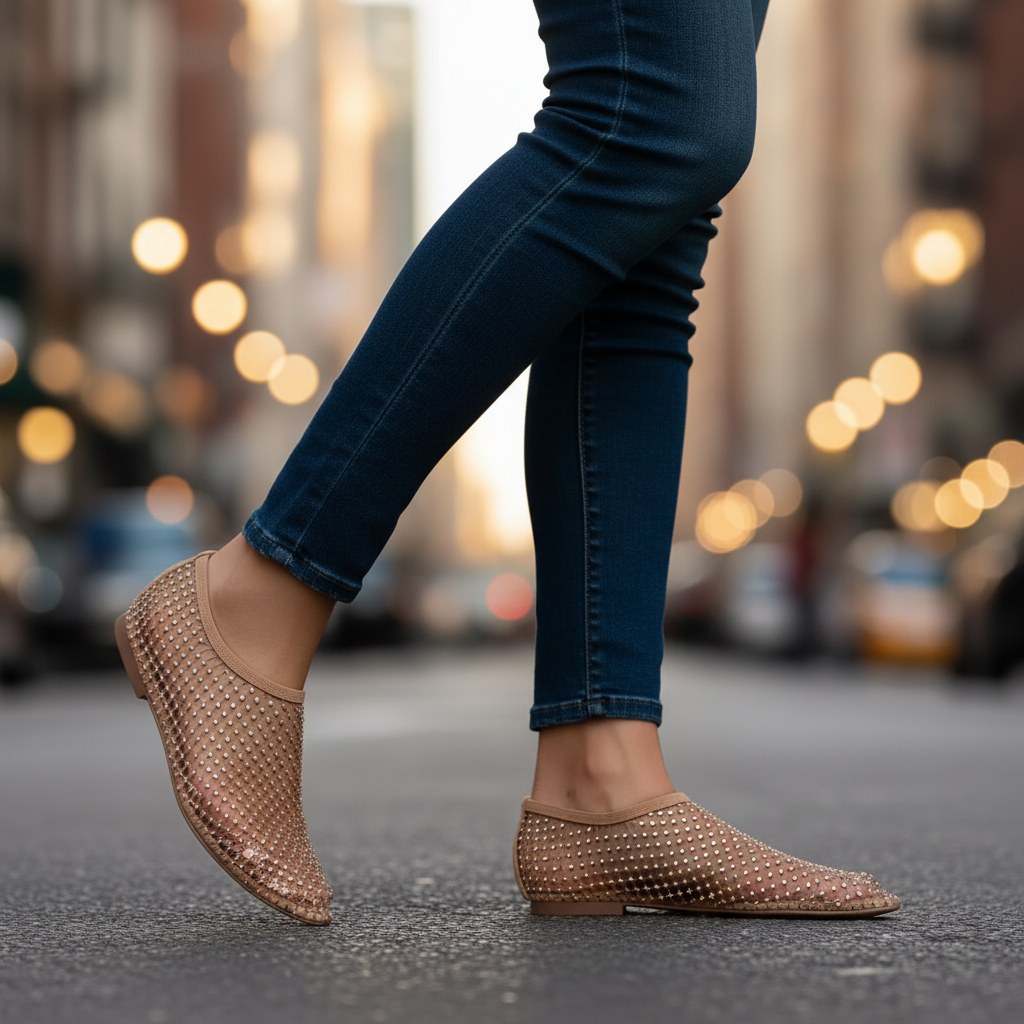 Close-up of comfortable instep strap on women's rhinestone flats, ensuring a secure fit & elegant style.