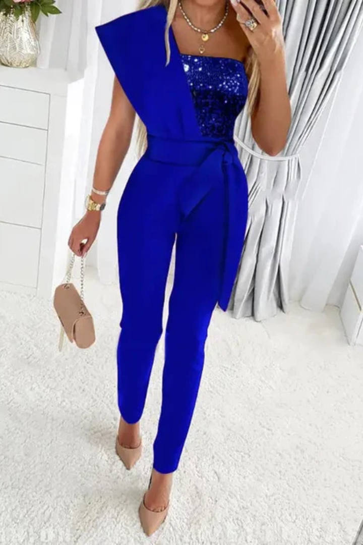 Stylish one-piece women's shimmering sequin jumpsuit, designed for formal events and special evening styles.