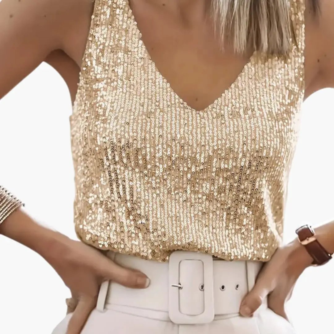 Dazzling women's sequin tank top, sleeveless, round neck, perfect for a glamorous party or evening out.