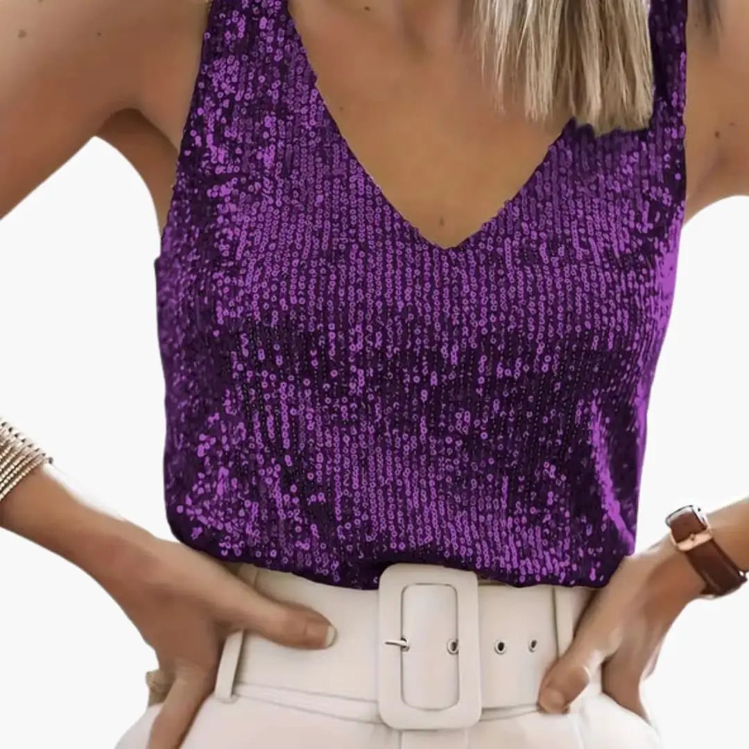 Sleeveless sequin tank top for women, round neck, glittering party wear, glamorous & fashionable.