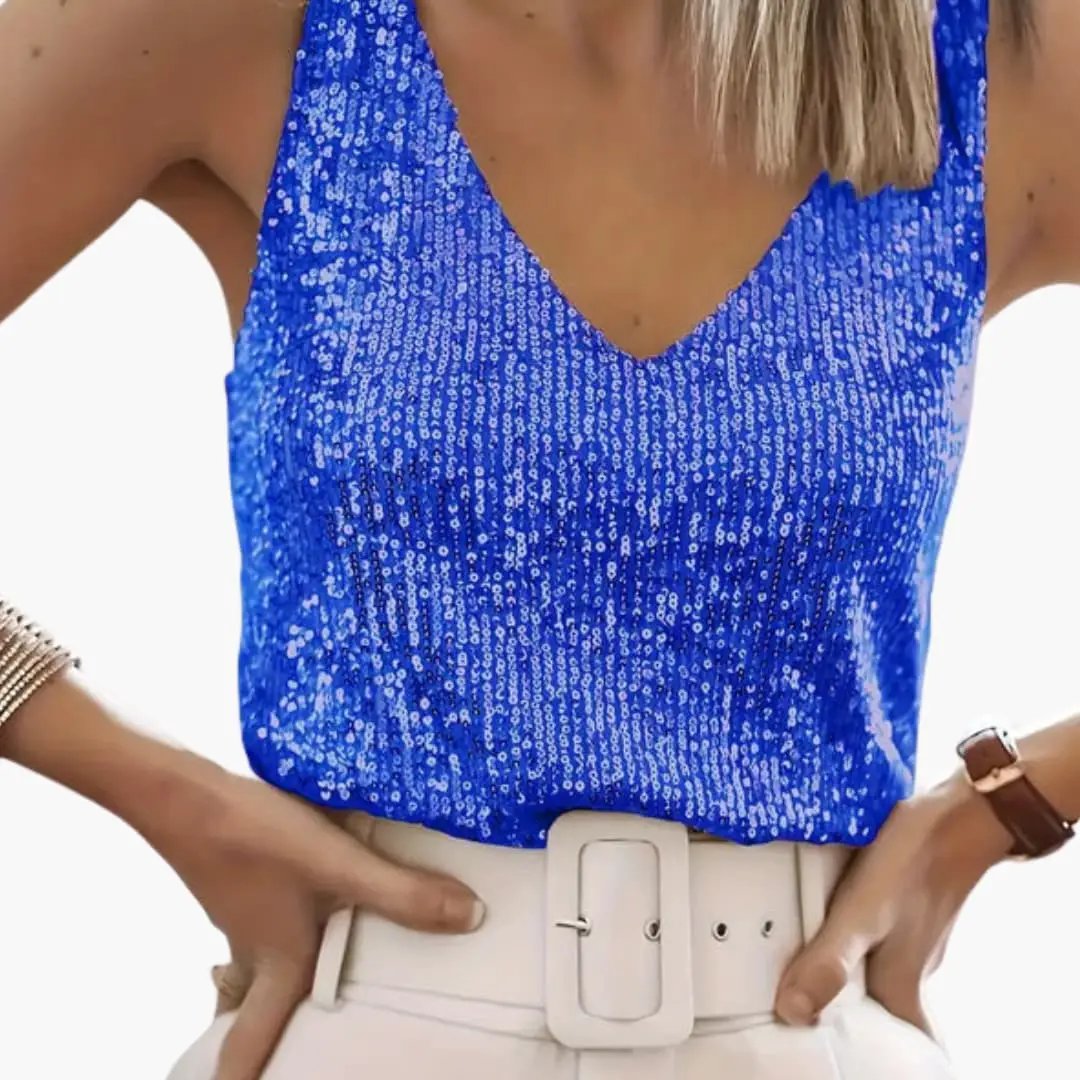 Elegant women's shimmering sequin tank, sleeveless, round neck, great for evening events or chic style.