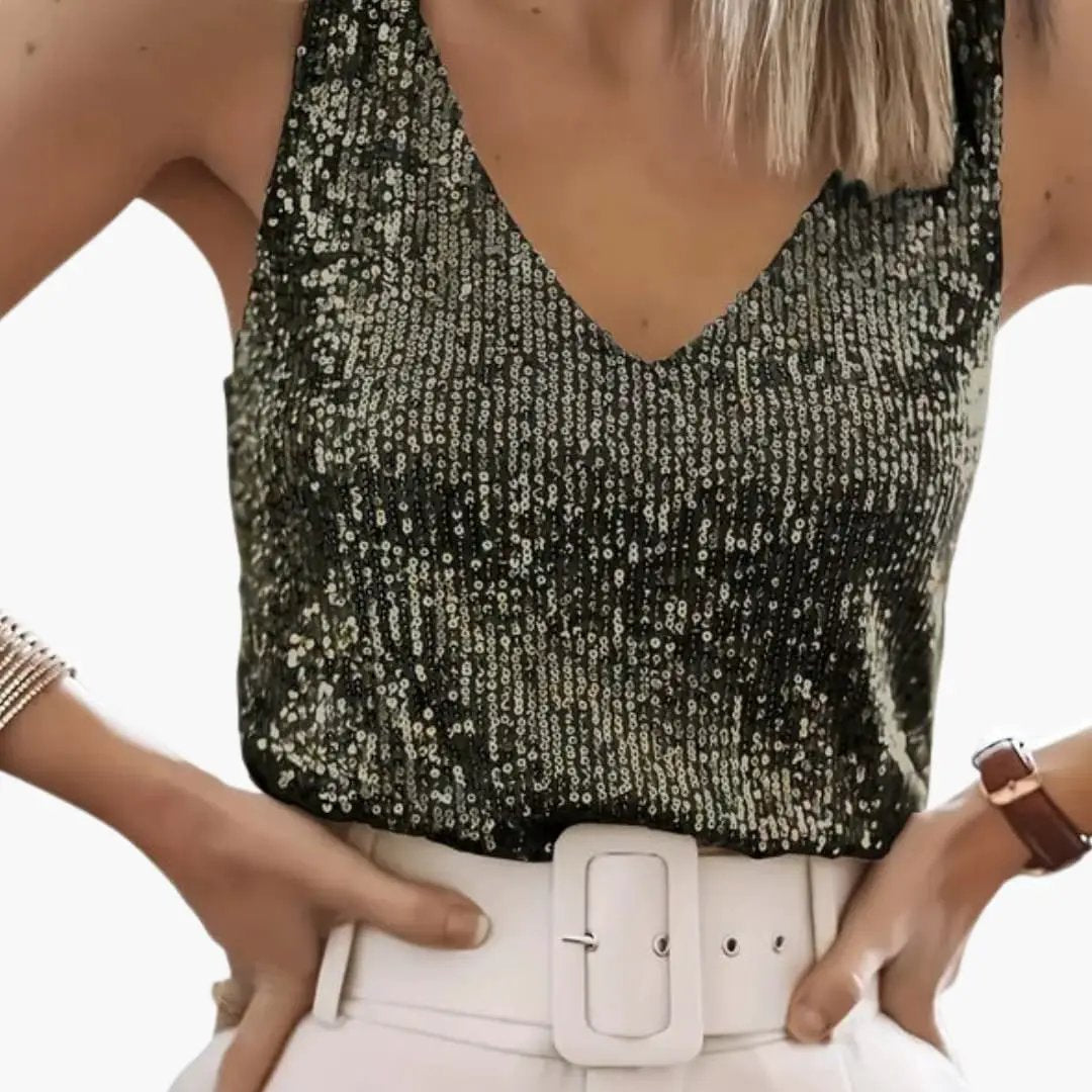 Party-ready sequin tank top, women's sleeveless, round neck, offers a glamorous, shimmering look.