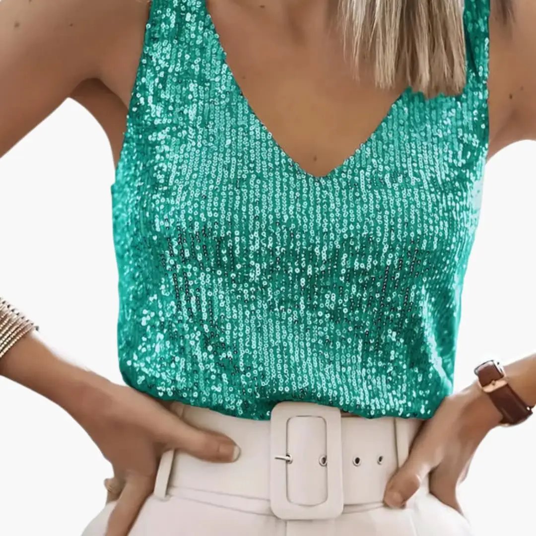 Sparkling women's sequin tank, sleeveless, round neck, perfect for glamorous evening or party outfits.