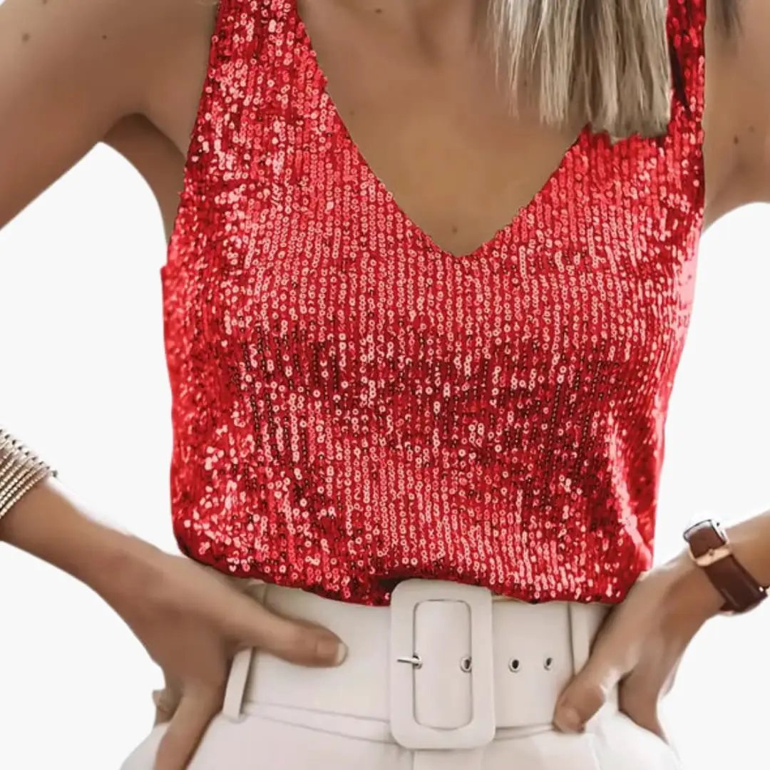 Fashionable shimmering sequin tank for women, sleeveless, round neck, adds chic sparkle to any look.