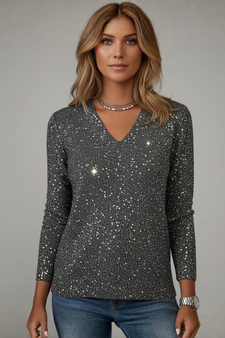 V-neck women's sequin sweater, shimmering & sparkling, a glamorous long sleeve top for stylish evenings.
