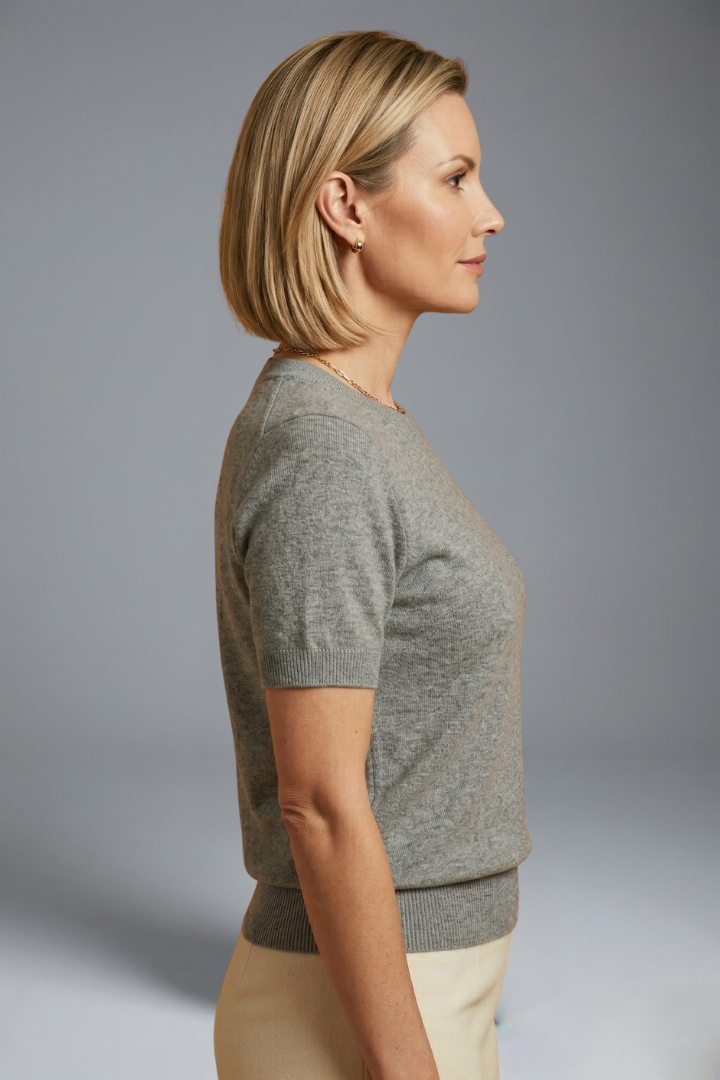 Versatile women's short sleeve knit top, ideal for layering or casual wear with a stylish ribbed hem.