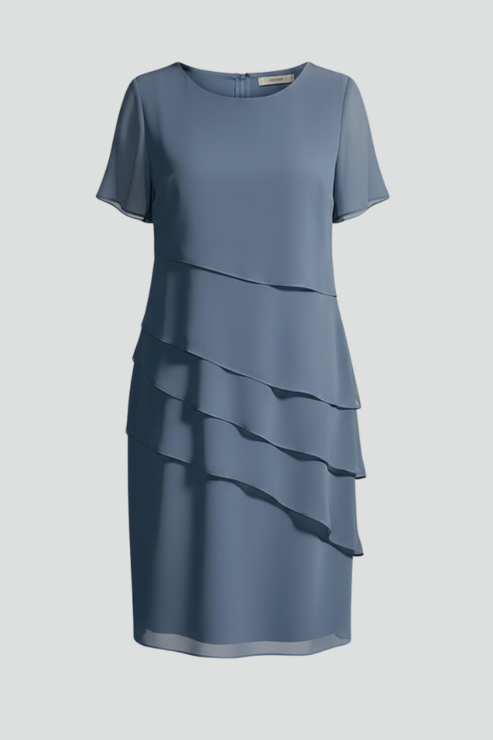 Women's short sleeve dress with layered front, straight hem. Casual knee-length for modern everyday style.