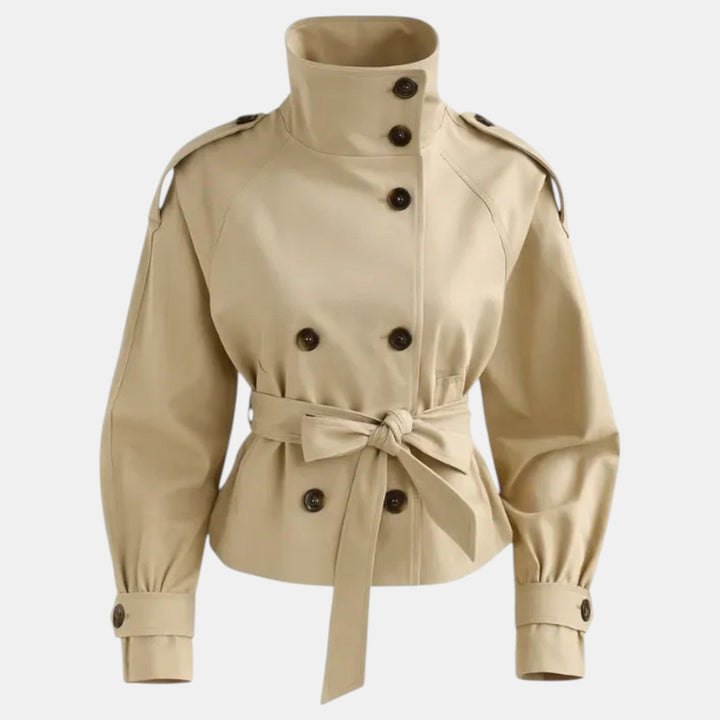Women's short trench coat with an adjustable belt, perfect for work or casual spring & fall outfits.