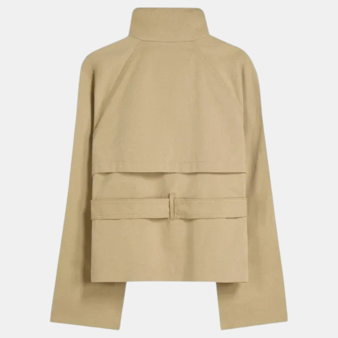 Stylish women's short trench jacket with an adjustable belt, ideal lightweight outerwear for versatile casual & work fashion.