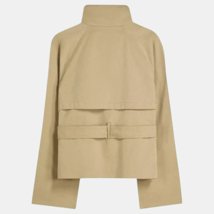Stylish women's short trench jacket with an adjustable belt, ideal lightweight outerwear for versatile casual & work fashion.