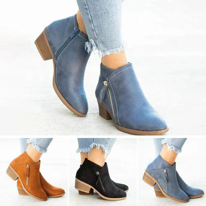 Versatile women's casual ankle boots with a block heel and side zip. Comfortable, stylish, everyday footwear.