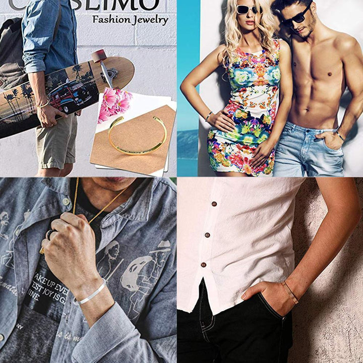 Woman's wrist wearing a gold engraved inspirational cuff bracelet, fashion accessory