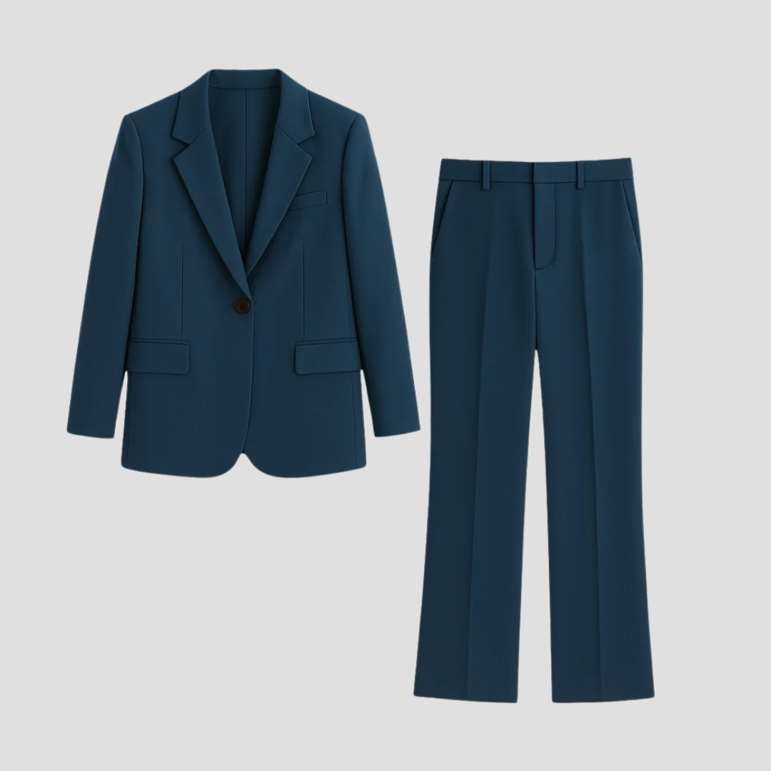 Women's single-breasted tailored pant suit set. Perfect for professional office wear & business attire.