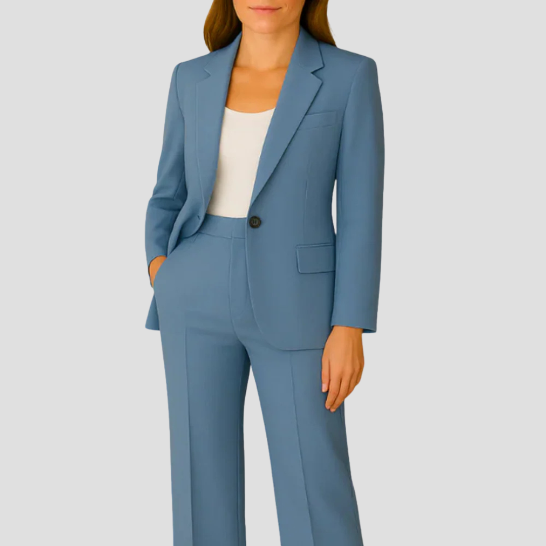 Sharp women's tailored single-breasted pant suit, offering a sophisticated & comfortable fit for work.