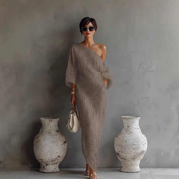 Women's slanted neck lantern sleeve loose fit maxi dress, perfect for summer casual wear.