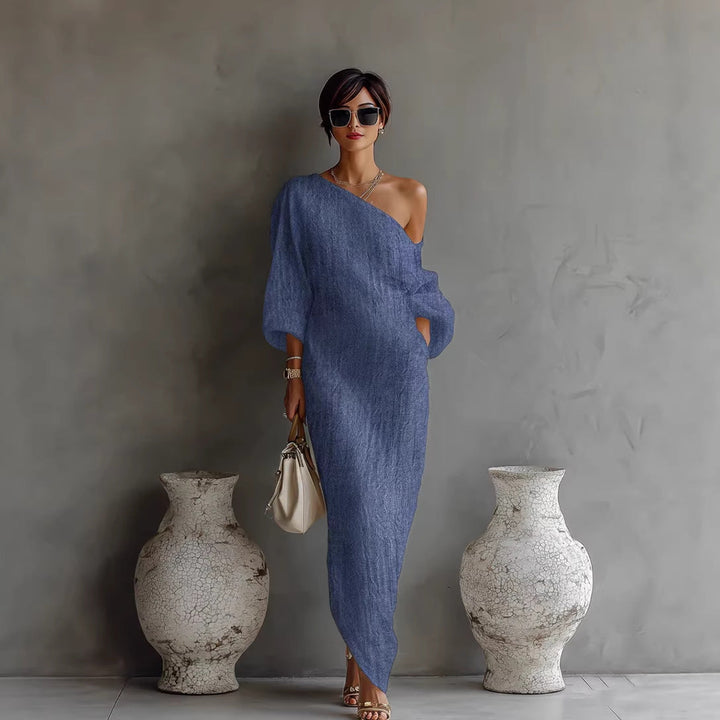 Comfortable loose fit women's maxi dress. Boho style, slanted neck & lantern sleeves for everyday chic.