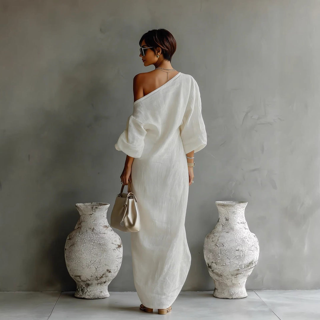 Stylish women's slanted neck maxi dress with lantern sleeves. Loose fit, comfortable & perfect for summer.