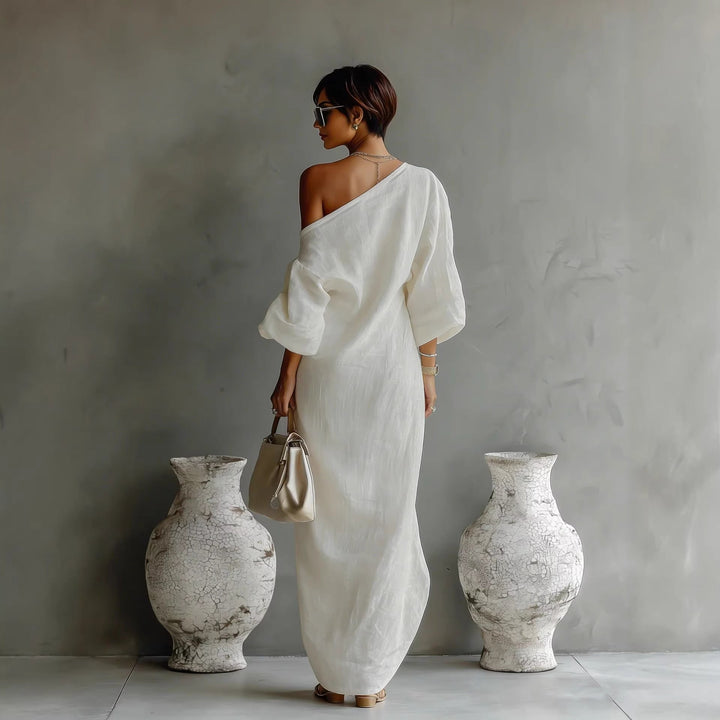 Stylish women's slanted neck maxi dress with lantern sleeves. Loose fit, comfortable & perfect for summer.