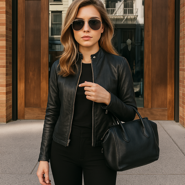 Chic women's slim fit zip jacket, mandarin collar, ideal for casual outings and smart-casual styling.