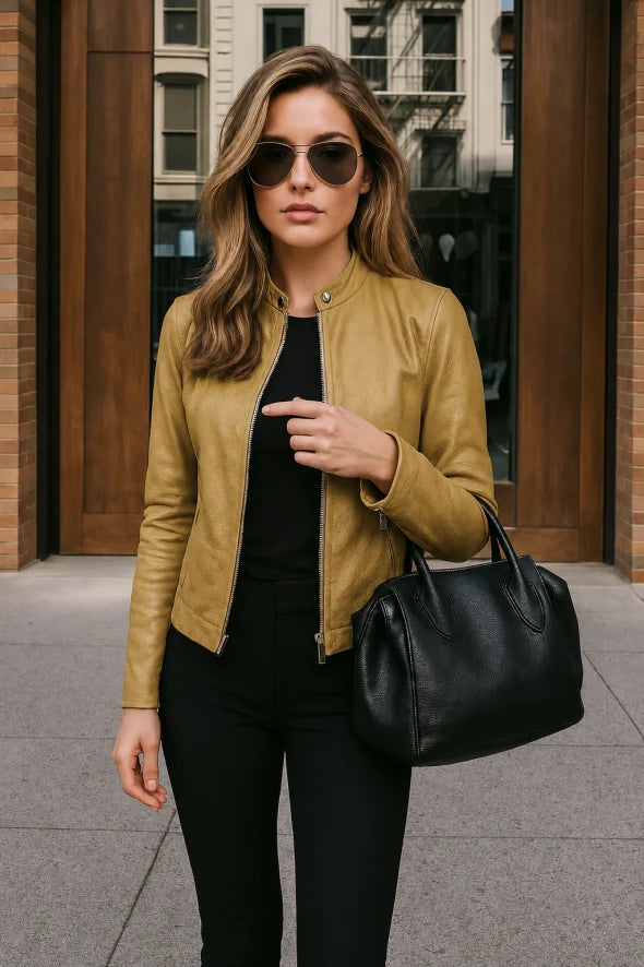 Comfortable women's long sleeve zip jacket, sleek design, mandarin collar, great for everyday wear.
