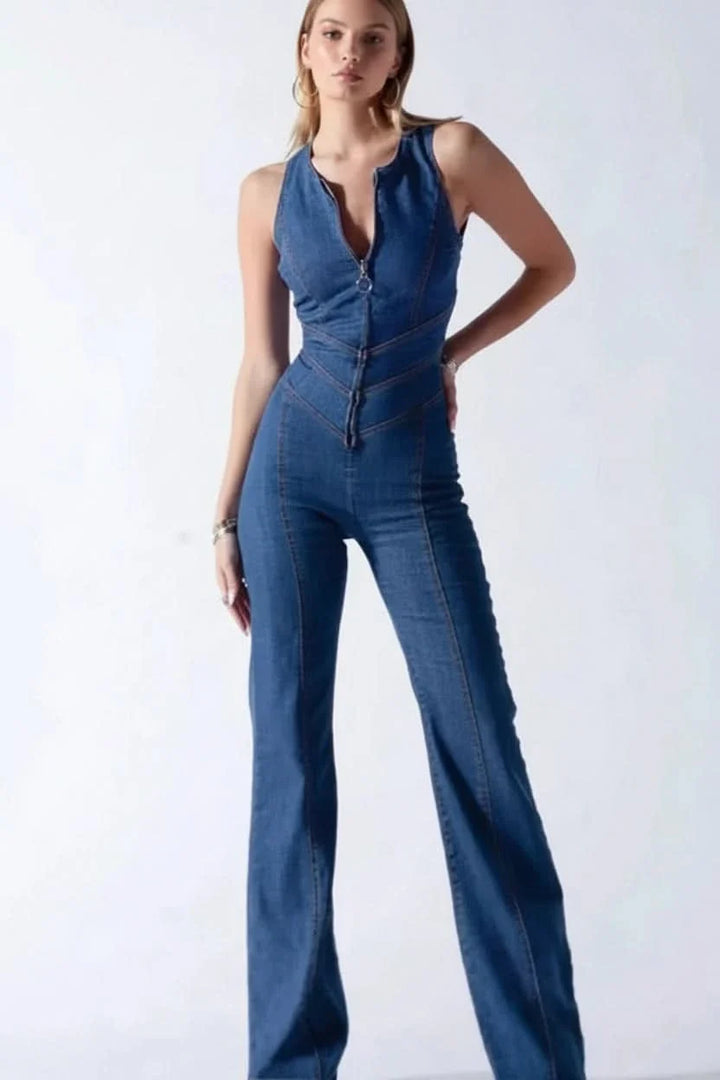 Elegant women's deep V-neck tailored jumpsuit, ideal for a party outfit, evening wear, or special events.
