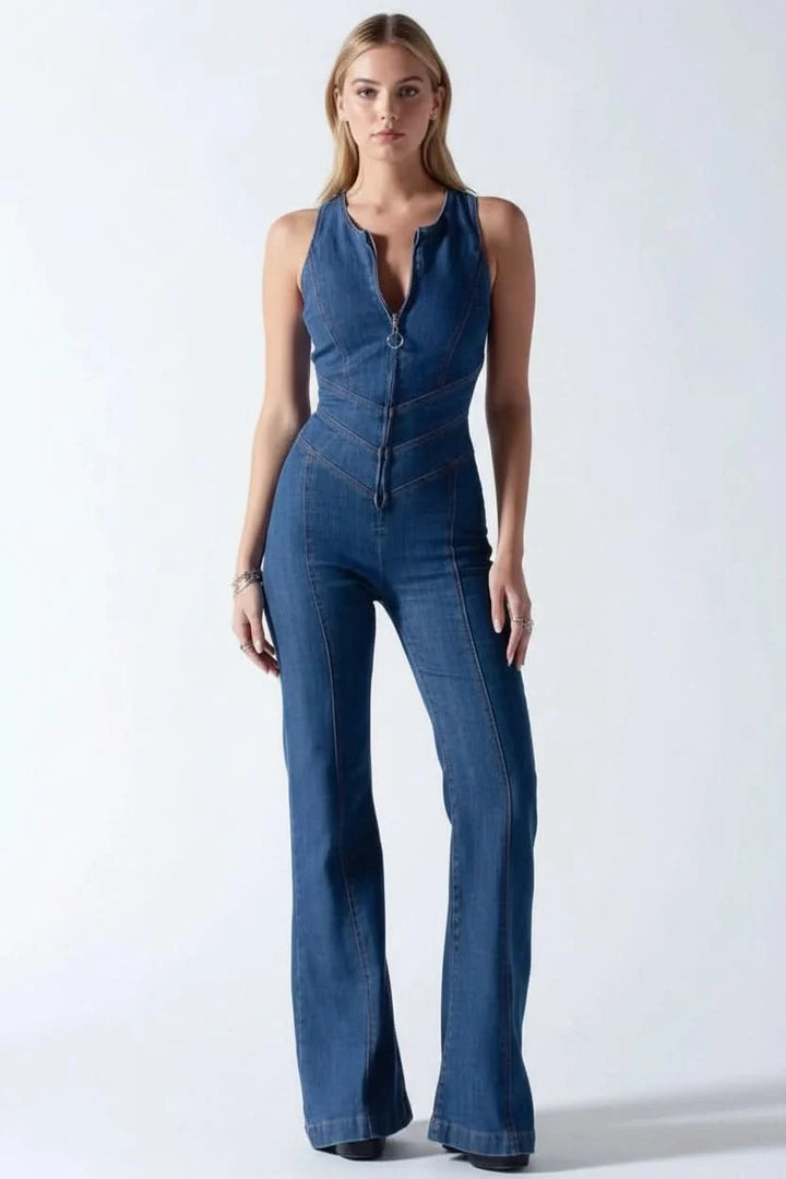 Women's tailored deep V-neck jumpsuit. A sleek, modern statement piece, perfect for elegant party wear.