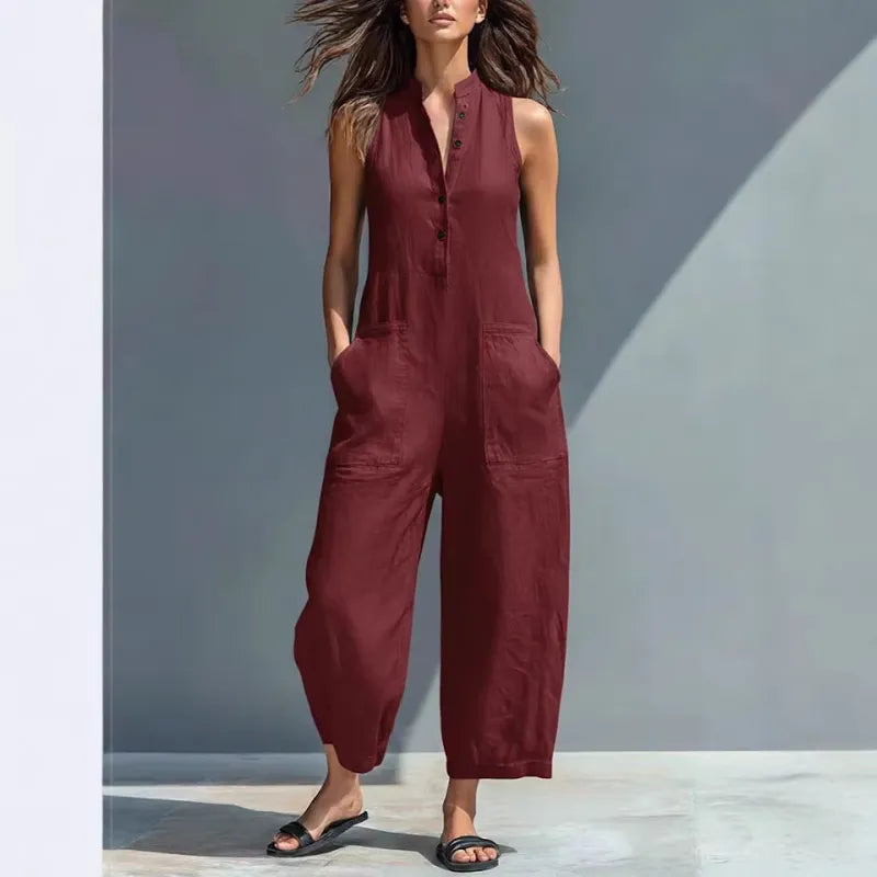 Elegant women's sleeveless full-length jumpsuit, button-up front, stand collar, spring/summer ready.