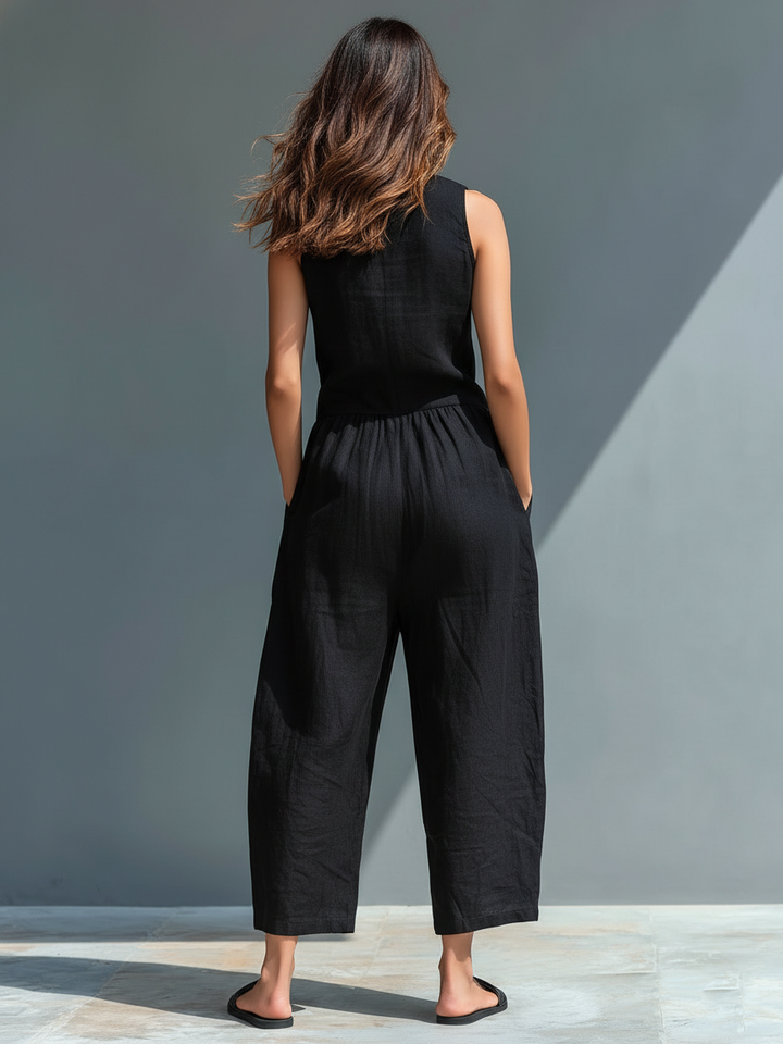 Loose fit women's full-length sleeveless jumpsuit, perfect for spring/summer casual wear.