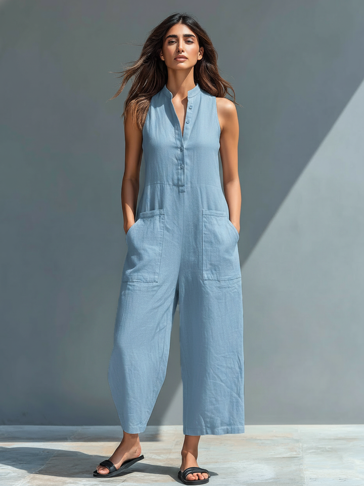Relaxed fit women's sleeveless jumpsuit with stand collar, full-length, perfect for summer comfort.