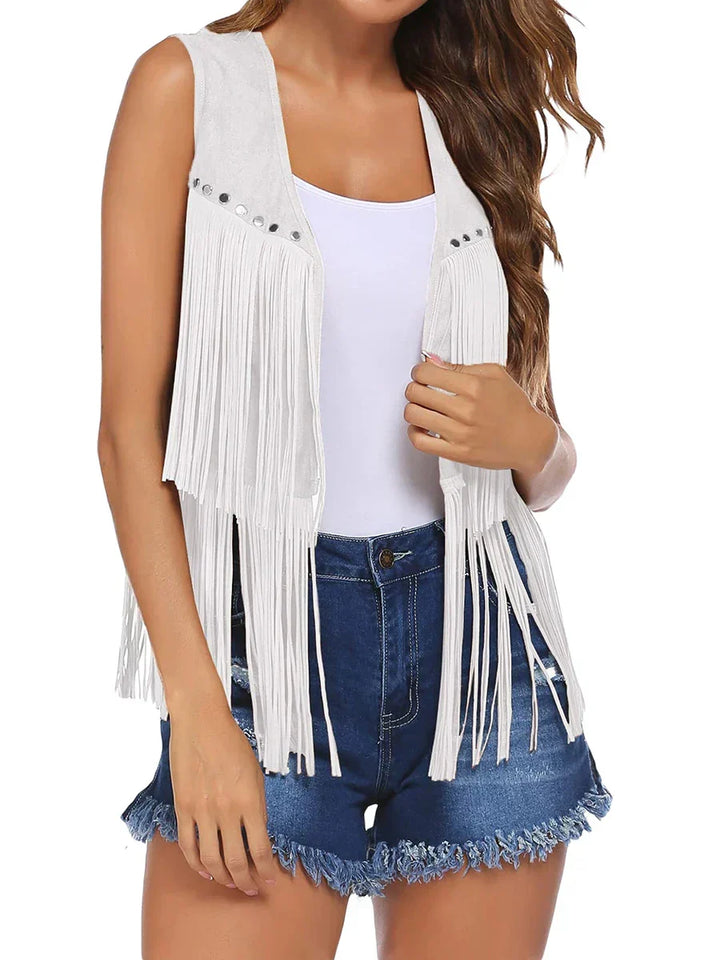Statement women's studded fringe vest, sleeveless and open front for a chic look.