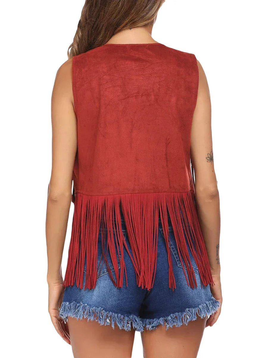 Casual women's fringe vest, sleeveless and open front, perfect for everyday style.