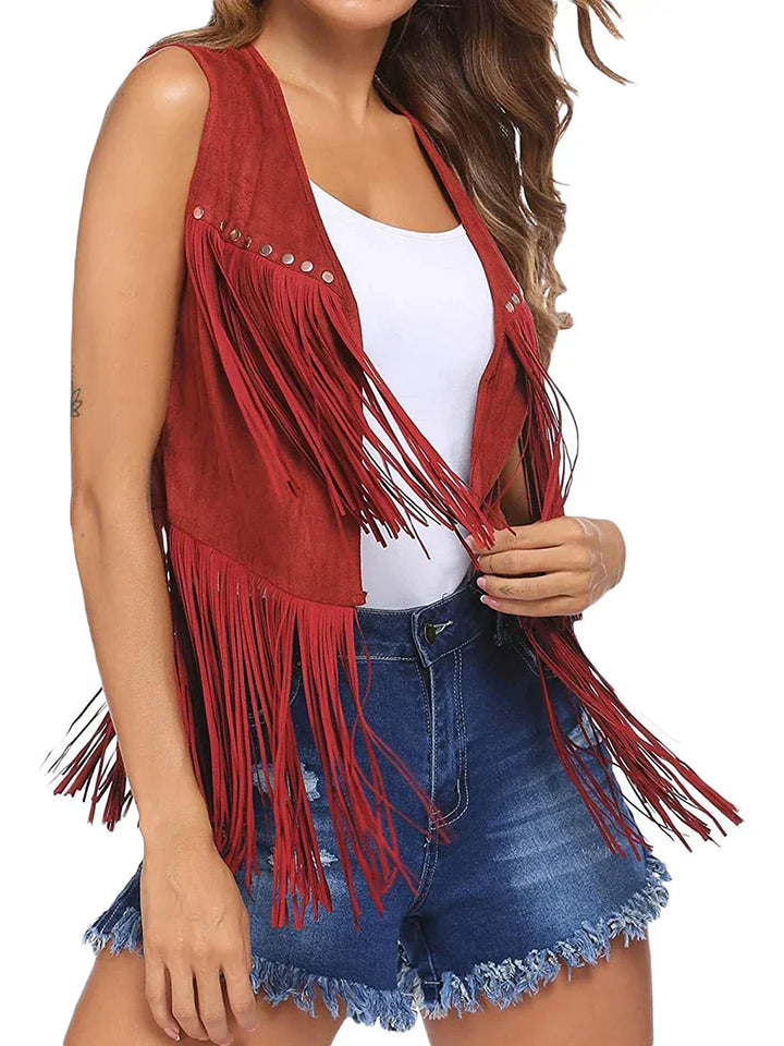 Elegant sleeveless open front vest for women, adorned with stylish fringe.