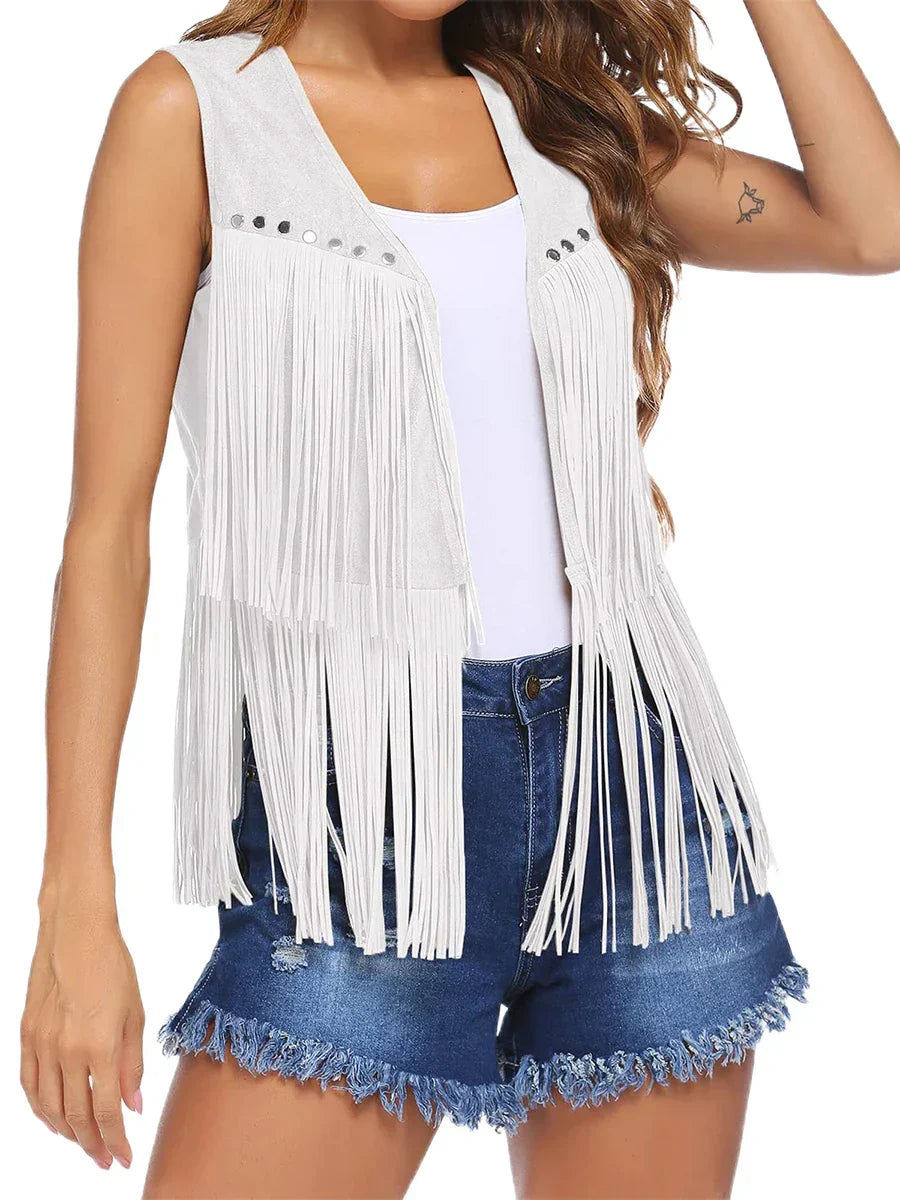 Stylish women's fringe vest, perfect for adding a boho touch to any outfit.