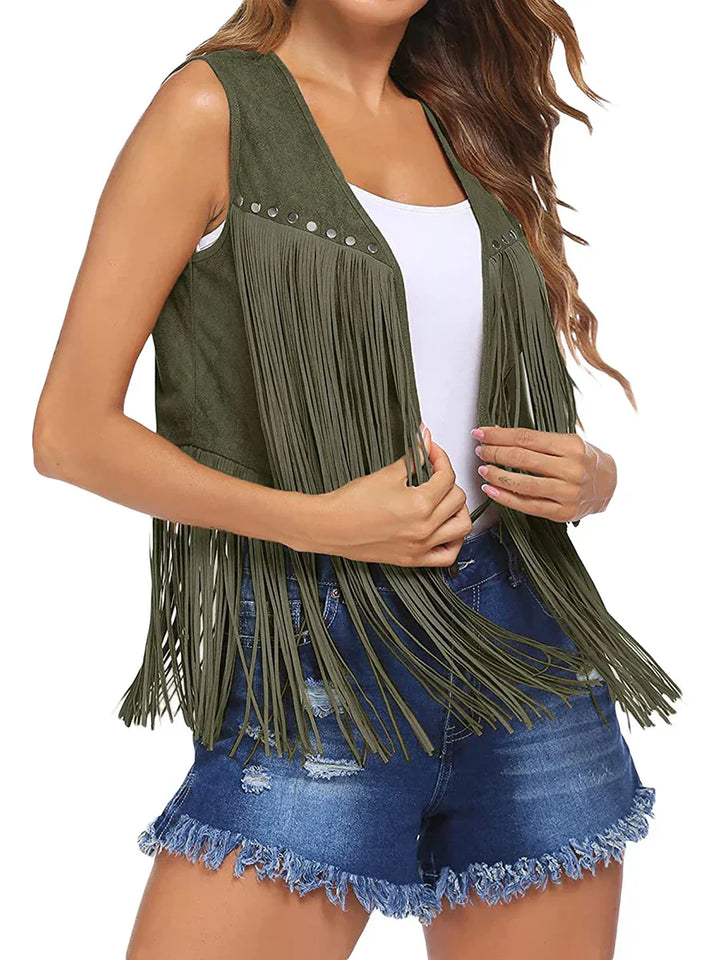 Boho women's sleeveless vest with an open front and playful fringe.