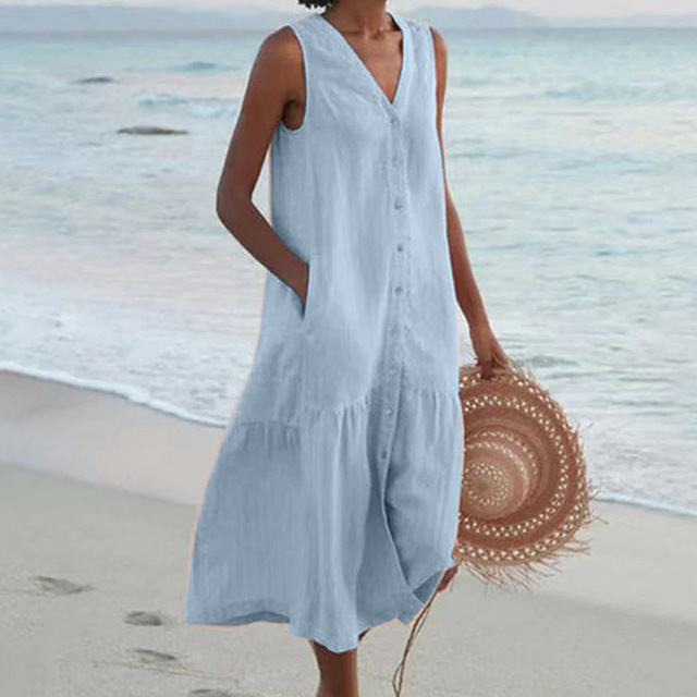 Elegant women's sleeveless V-neck midi dress, ideal for vacation, parties, or a chic casual day look.